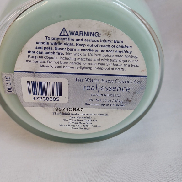 JUNIPER BREEZE White Barn Real Essence 15oz 1 Wick Candle - Picture 3 of 3